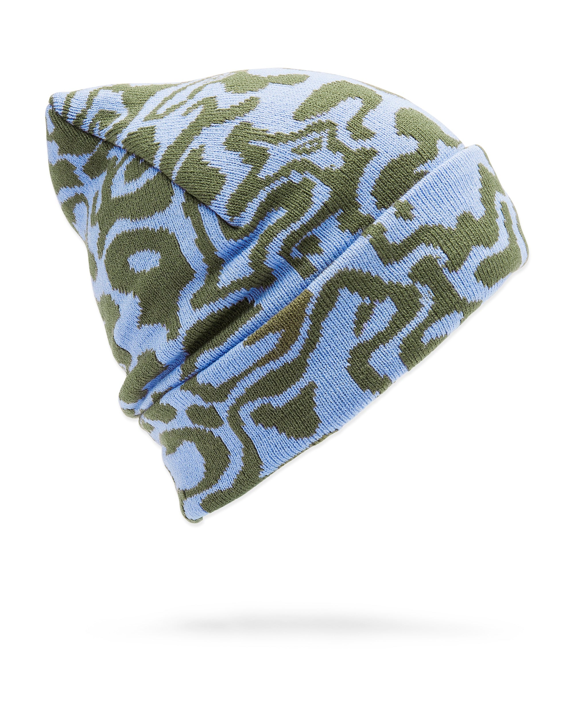 Volcom Women's Shred Beanie 2025 - A light blue beanie with a green abstract pattern and a folded cuff at the bottom.