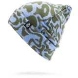 Volcom Women's Shred Beanie 2025 - A light blue beanie with a green abstract pattern and a black tag featuring a white logo on the front.