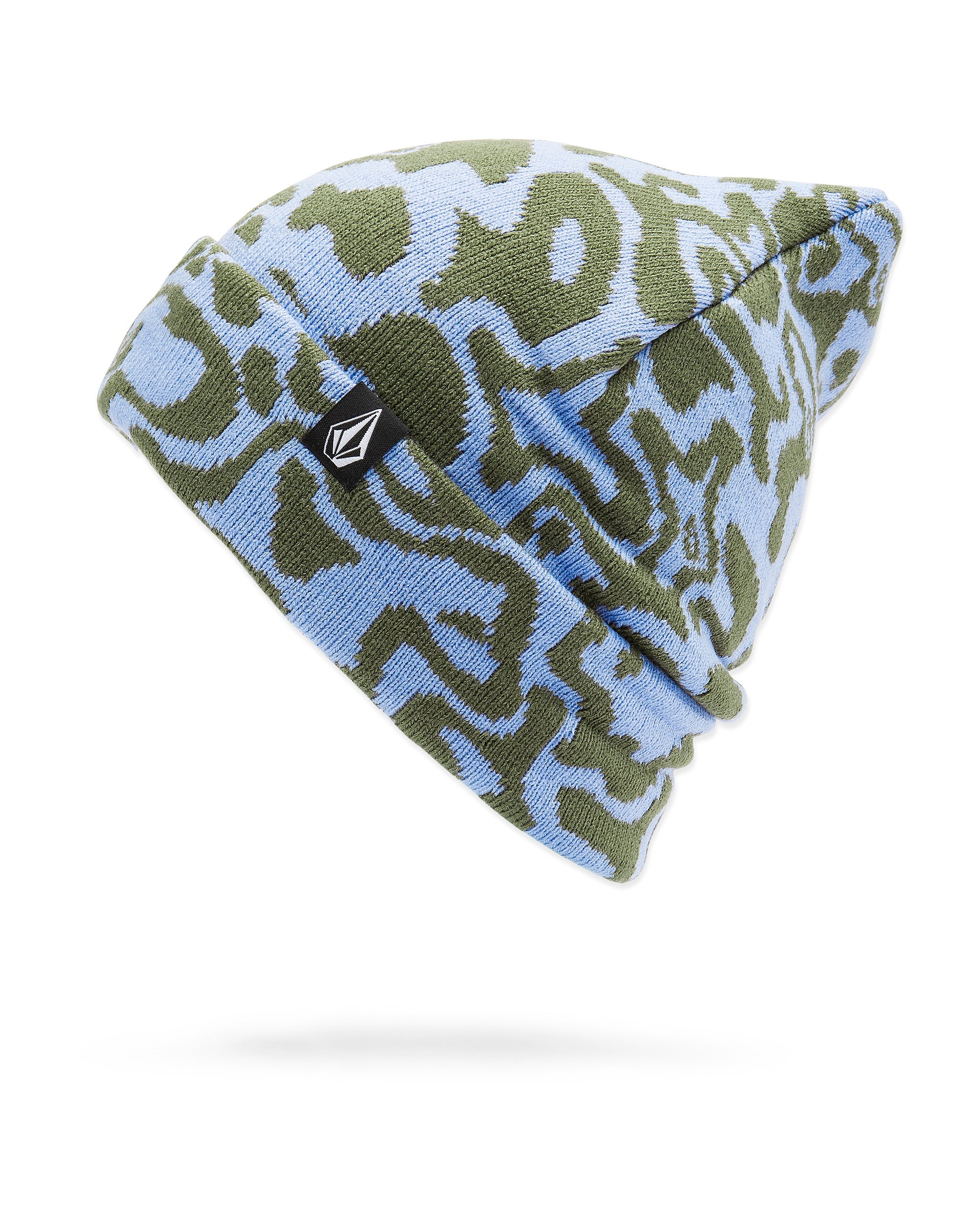 Volcom Women's Shred Beanie 2025 - A light blue beanie with a green abstract pattern and a black tag featuring a white logo on the front.