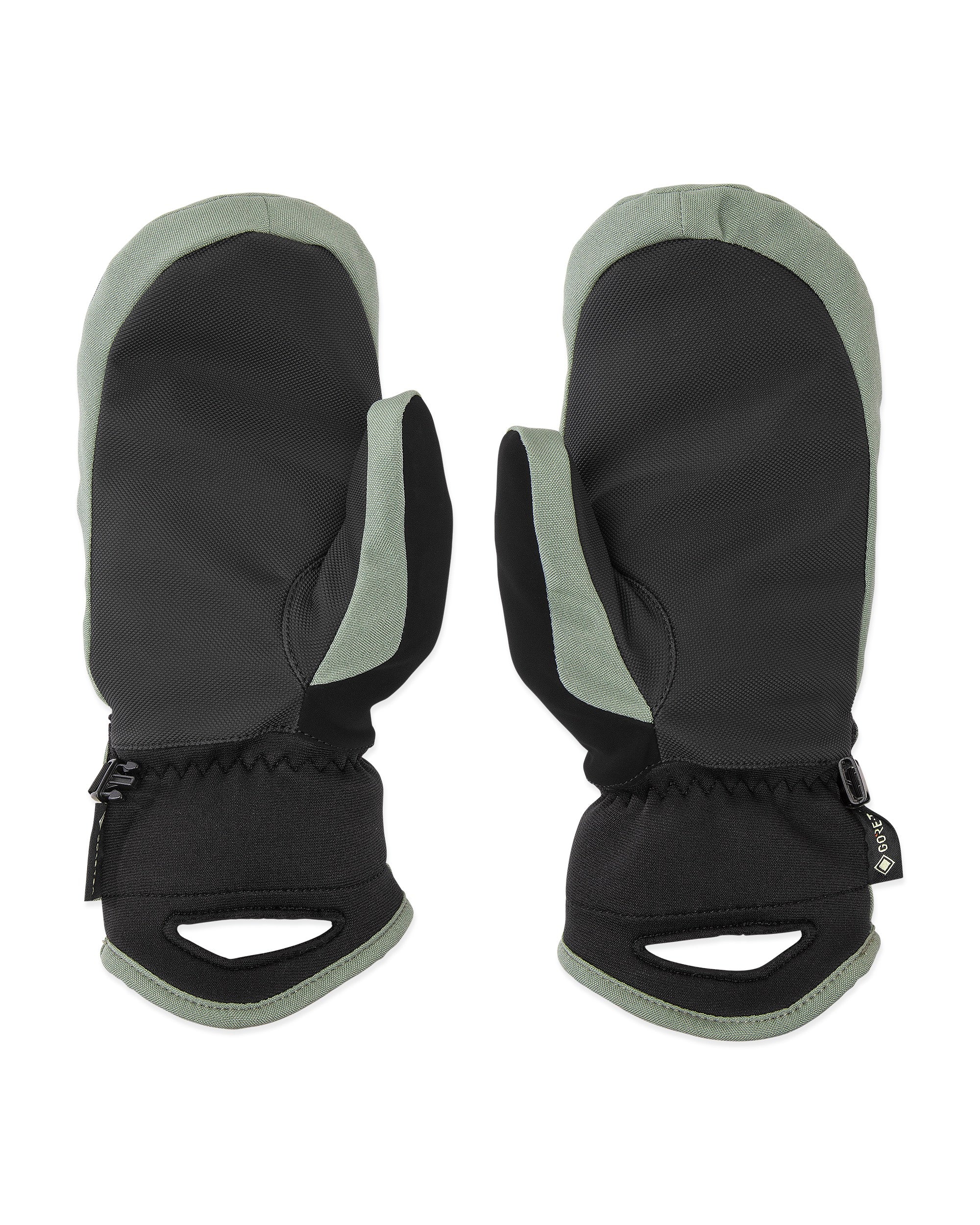 Volcom Women's Peep GORE-TEX Mitt - A black mitt with a light green trim and thumb strap, featuring a small white logo on the wrist strap.