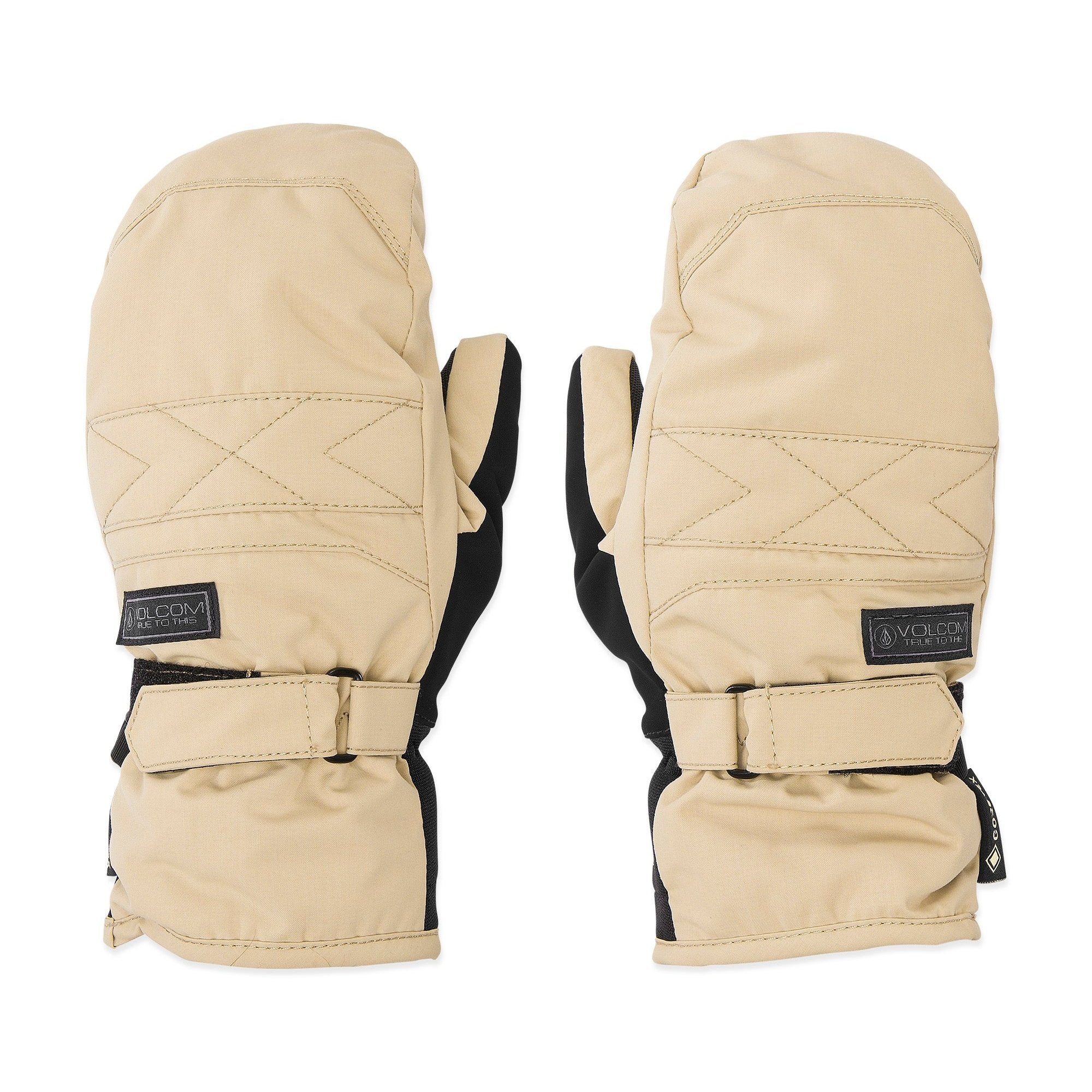 Volcom Women's Peep GORE-TEX Mitt - A pair of tan mittens with a quilted pattern on top and black mesh at the wrist.