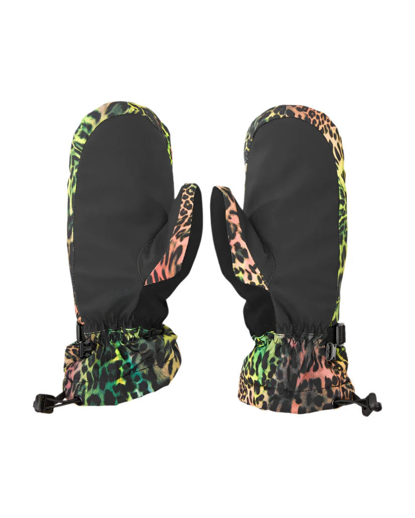Volcom Women's V. Snow Over Mitt - A pair of black mittens with a leopard print trim and a Velcro strap closure.