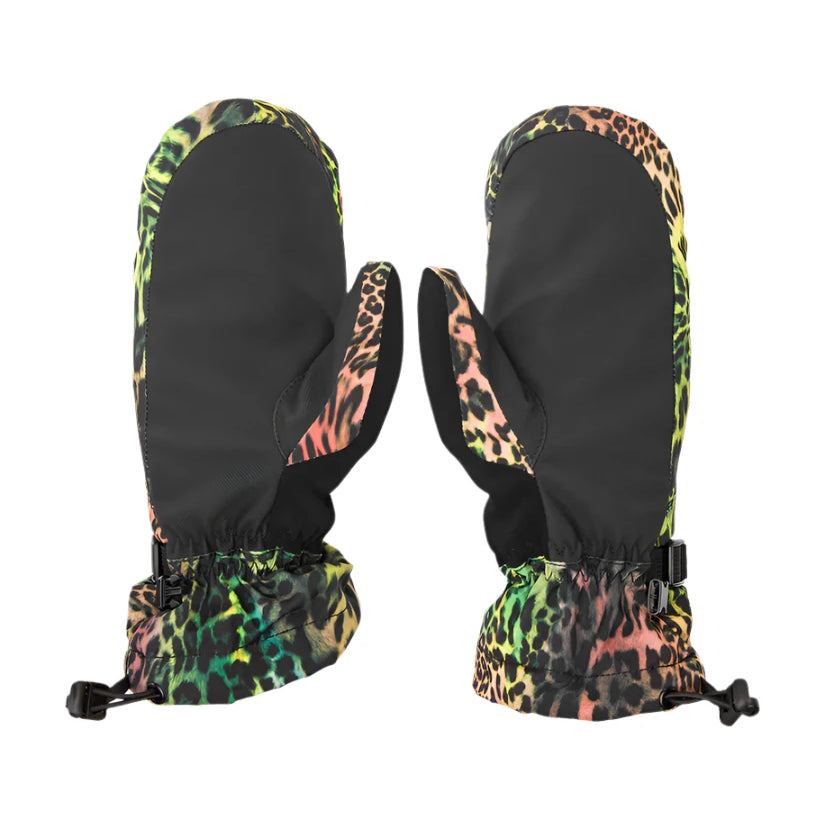 Volcom Women's V. Snow Over Mitt - A pair of black mittens with a leopard print trim and a Velcro strap closure.