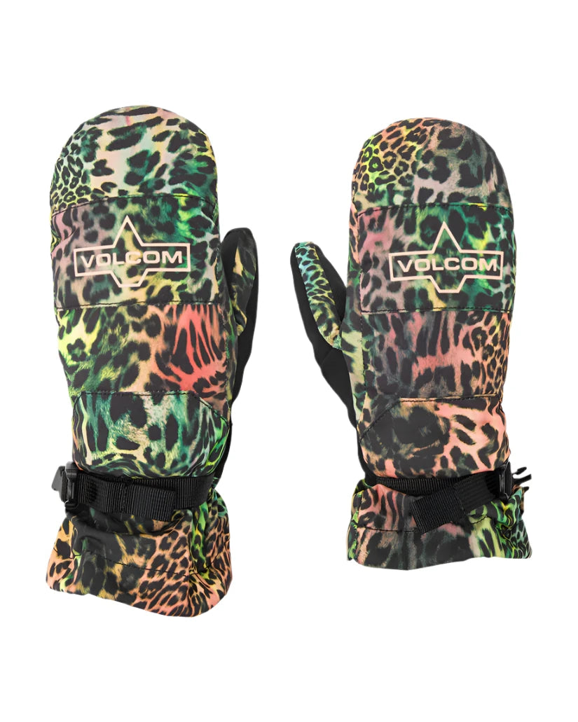 Volcom Women's V. Snow Over Mitt 2025 - A pair of mittens with a leopard print pattern in shades of green, pink, and black.