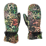 Volcom Women's V. Snow Over Mitt 2025 - A pair of mittens with a leopard print pattern in shades of green, pink, and black.