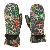 Volcom Women's V. Snow Over Mitt 2025 - A pair of mittens with a leopard print pattern in shades of green, pink, and black.