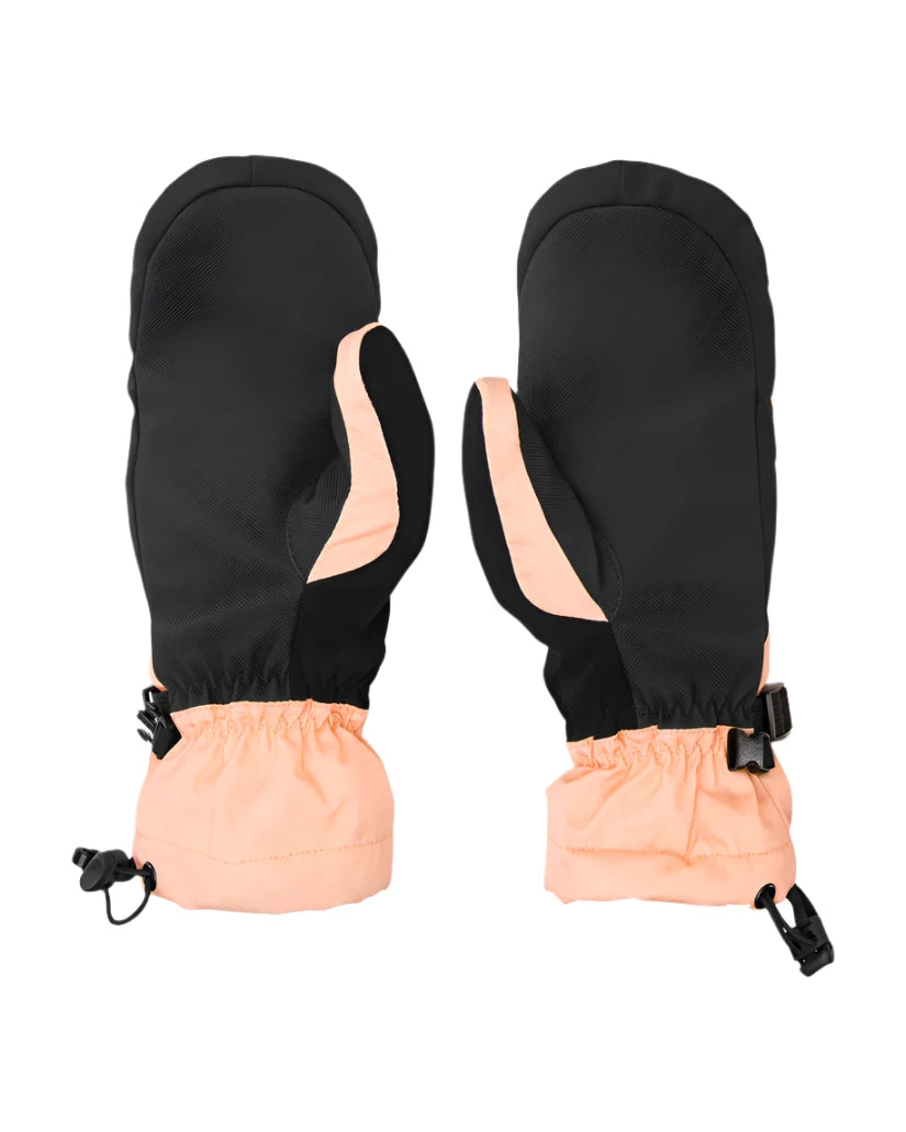 Volcom Women's V. Snow Over Mitt - A pair of black mittens with peach-colored accents and a drawstring at the wrist.