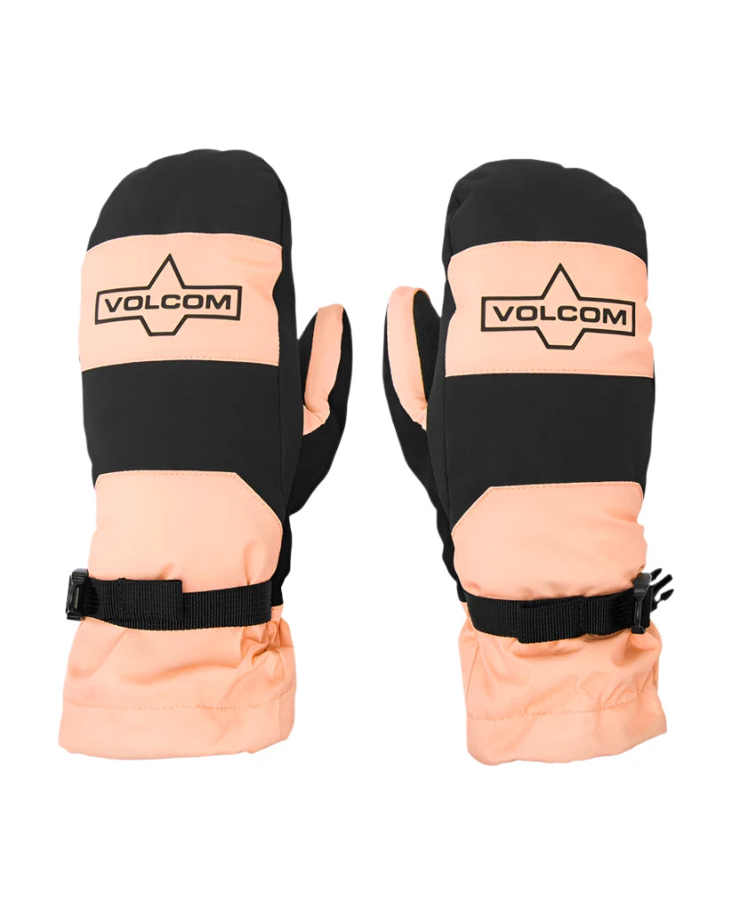 Volcom Women's V. Snow Over Mitt - A pair of mittens with a peach-colored palm and black back, featuring a star logo on the top of each mitten.