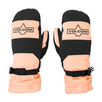 Volcom Women's V. Snow Over Mitt - A pair of mittens with a peach-colored palm and black back, featuring a star logo on the top of each mitten.