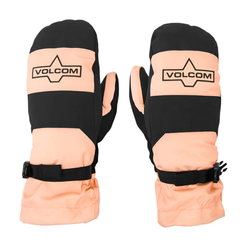 Volcom Women's V. Snow Over Mitt - A pair of mittens with a peach-colored palm and black back, featuring a star logo on the top of each mitten.