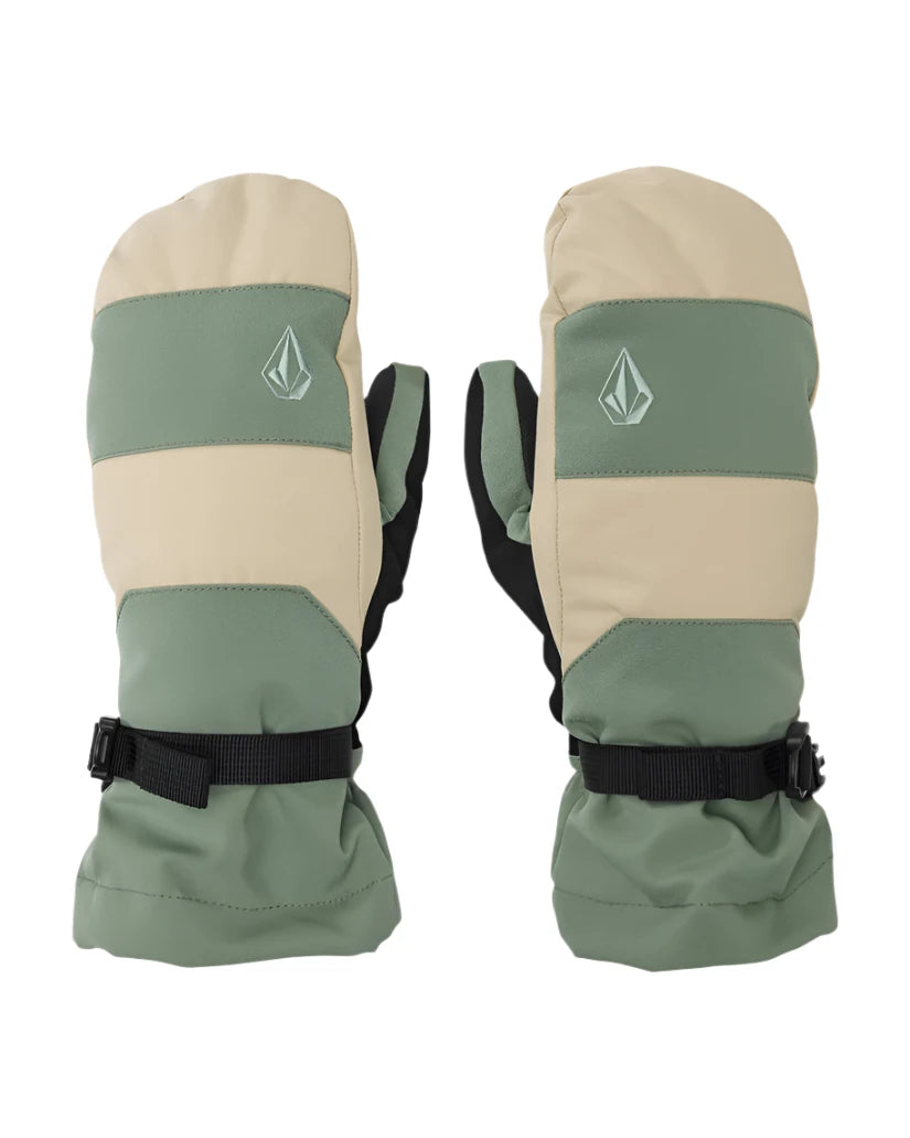 Volcom Women's V. Snow Over Mitt - A pair of mittens with a green and cream-colored design, featuring a strap at the wrist for closure.