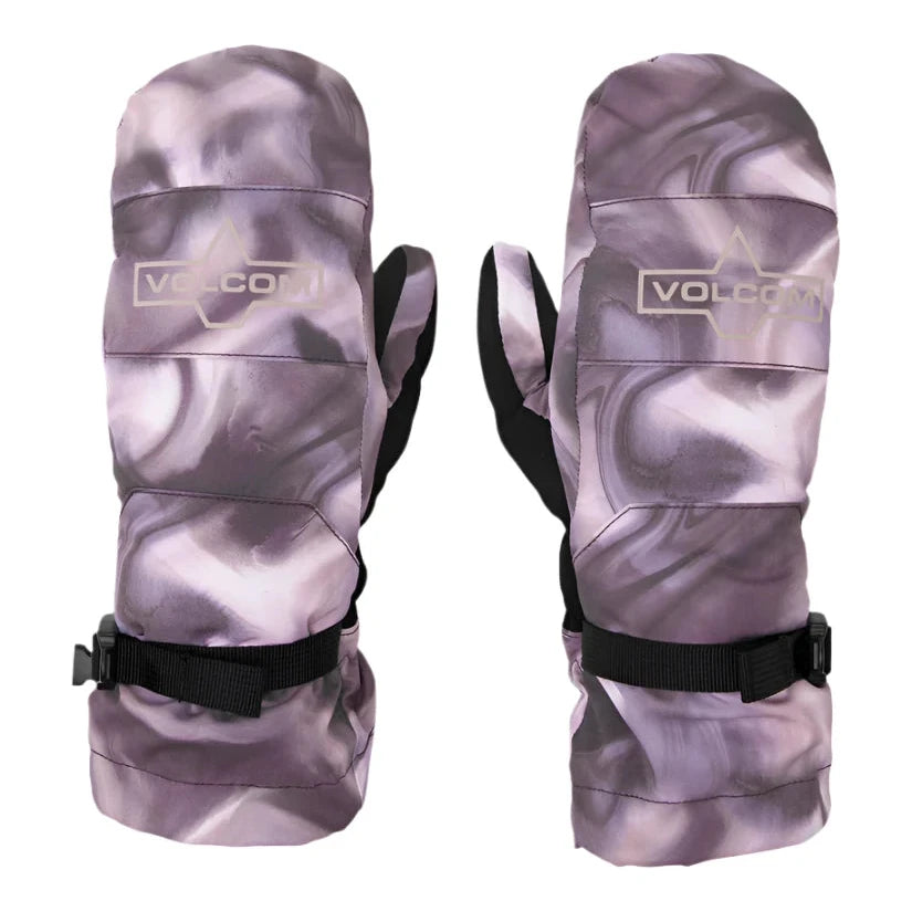 Volcom Women's V. Snow Over Mitt - A pair of mittens with a marbled purple and white pattern, featuring black straps at the wrists.