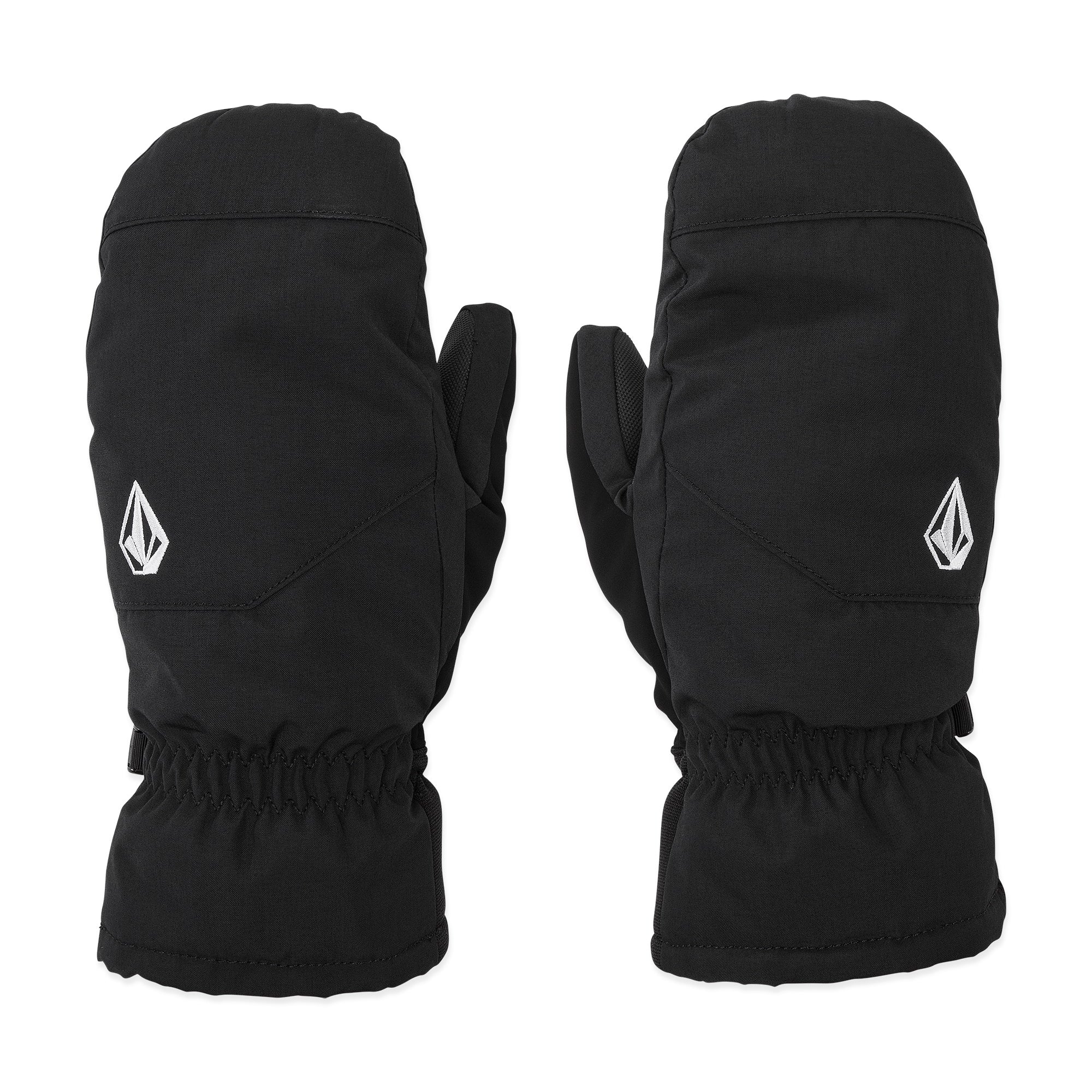 Volcom Women's Peep GORE-TEX Mitt - A black mitt with a white logo on the back of one hand, featuring a textured pattern and a strap closure at the wrist.