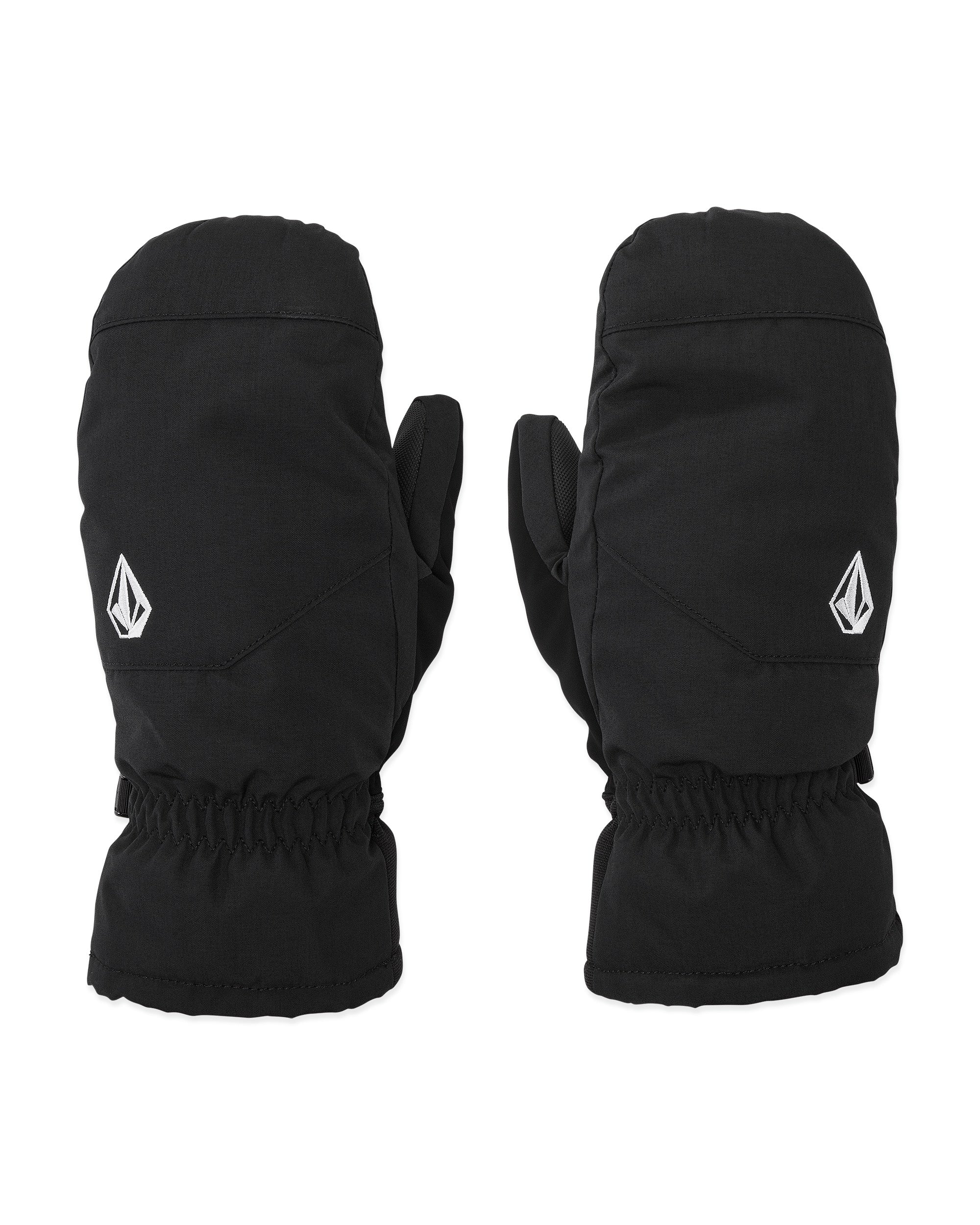 Volcom Women's Peep GORE-TEX Mitt - A black mitt with a white logo on the back of one hand, featuring a textured pattern and a strap closure at the wrist.