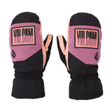Volcom Women's Upland Mitt - A pair of mittens with a pink and black color scheme, featuring a rectangular logo on the back that reads "VOLCOM" in black letters.