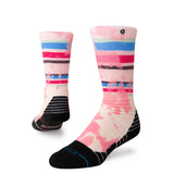 Stance Junior's Brong Snow Sock 2025 - Pink snow socks with blue and black stripes on top, white toes and heel.