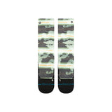 Stance Junior's Hassagore Snow Sock 2025 - A pair of green snow socks with a camouflage pattern and orange stripes.