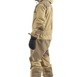 Airblaster Kook Shell Suit 2025 - A tan-colored, two-piece snowsuit with a hood and elastic cuffs.
