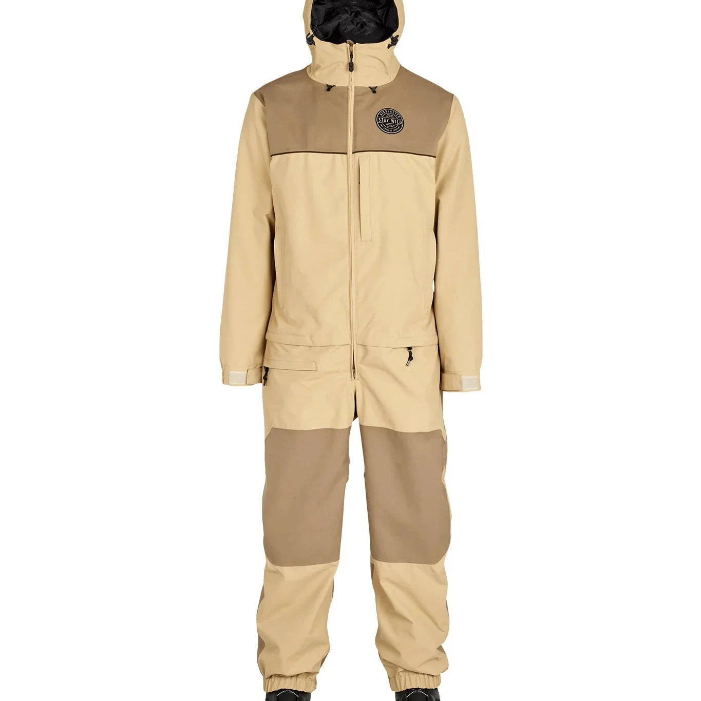 Airblaster Kook Shell Suit 2025 - A tan-colored, two-piece snowsuit with a hood and black drawstrings.