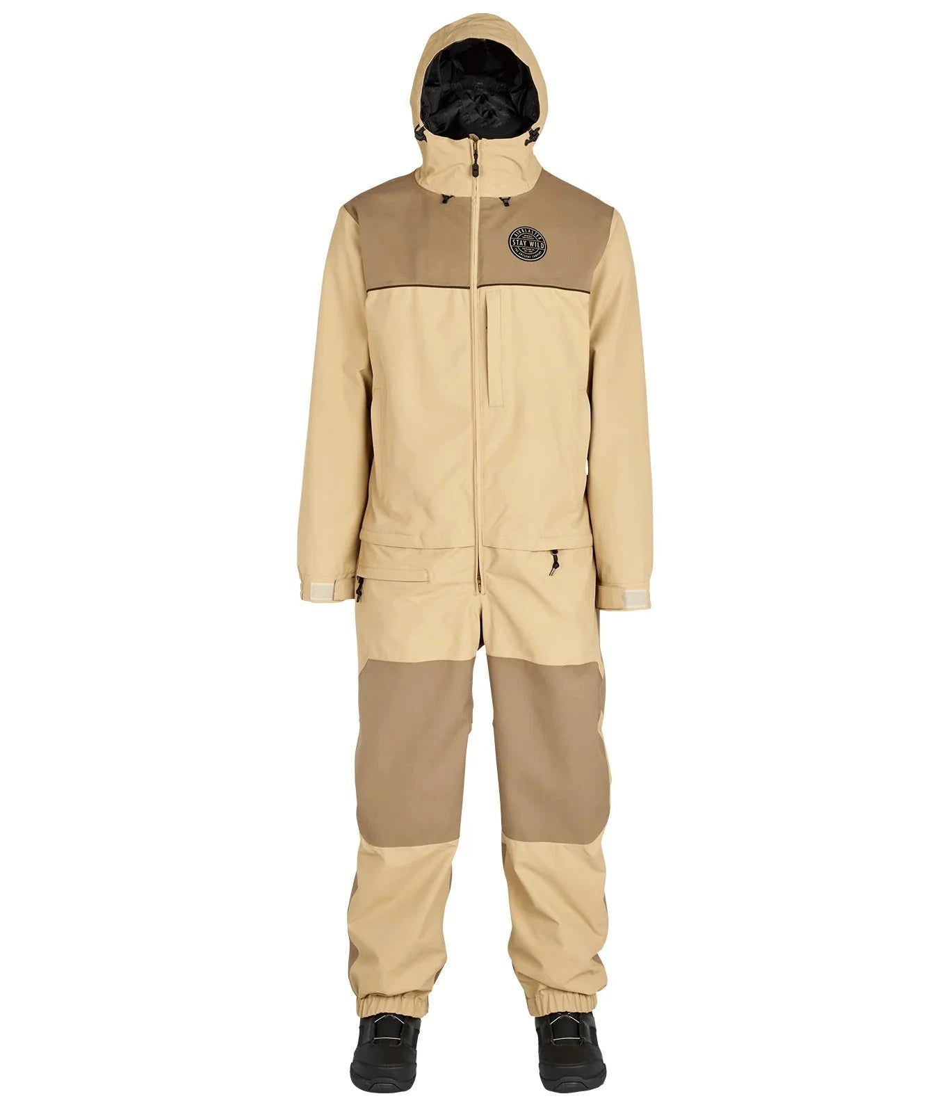 Airblaster Kook Shell Suit 2025 - A tan-colored, two-piece snowsuit with a hood and black drawstrings.