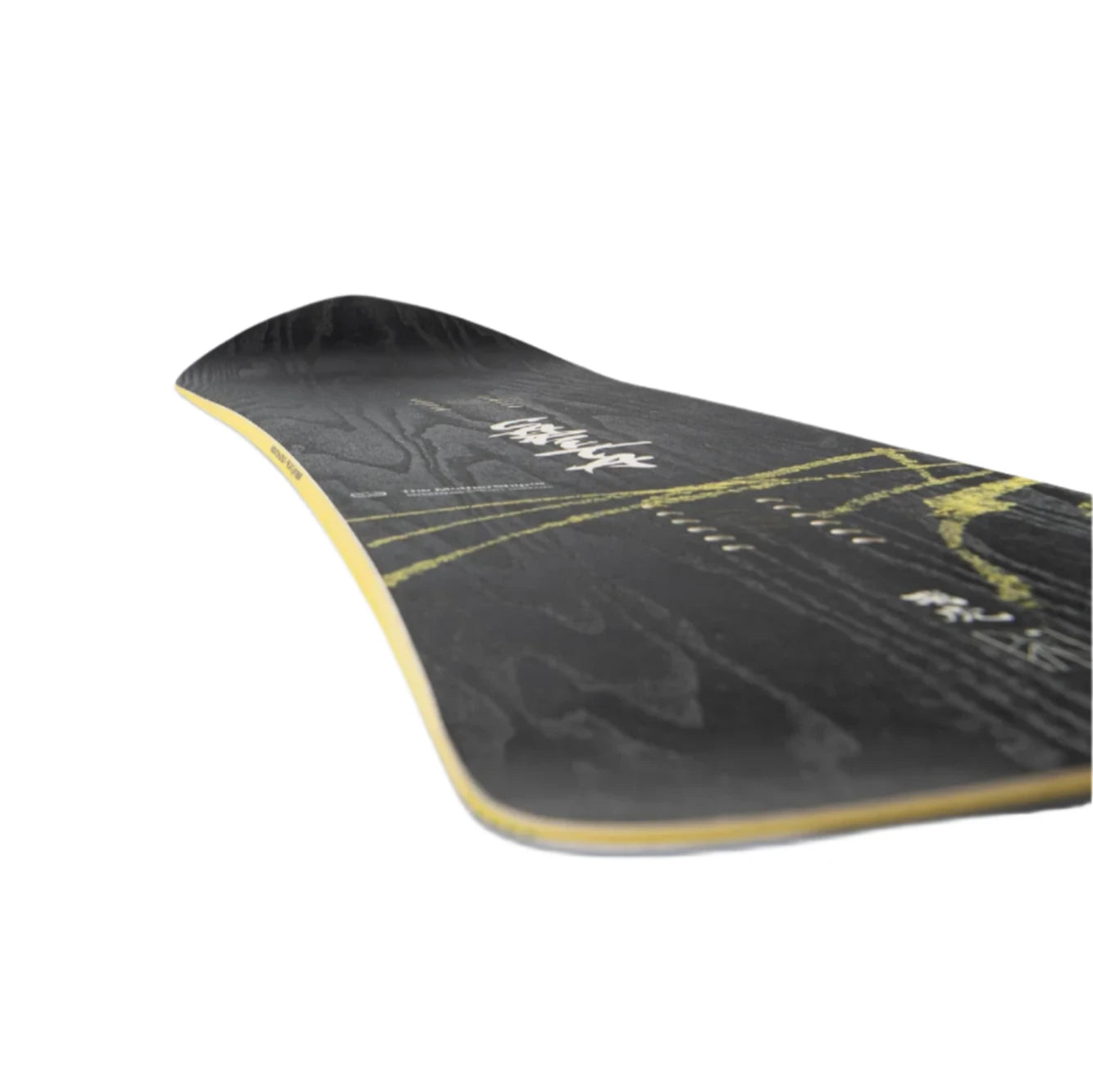 CAPiTA Kazu Kokubo Pro Snowboard 2025 - A black snowboard with yellow and white accents, featuring a wood grain pattern on its top surface.