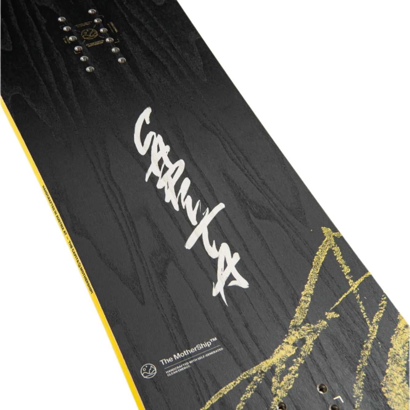 CAPiTA Kazu Kokubo Pro Snowboard 2025 - A black snowboard with a yellow stripe along its edge and silver screws on top.