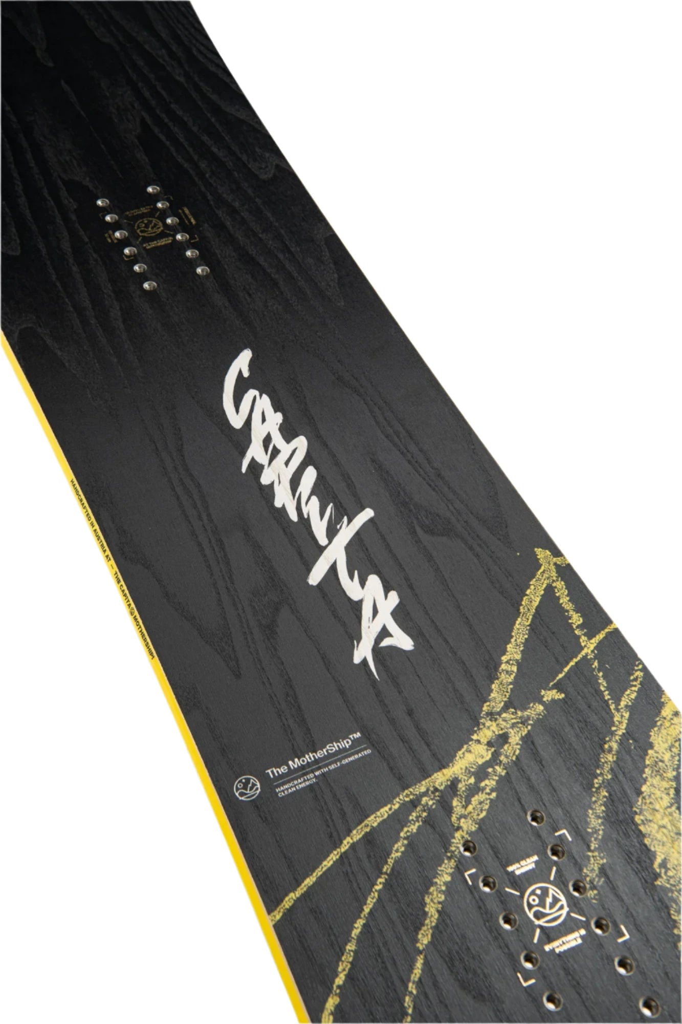 CAPiTA Kazu Kokubo Pro Snowboard 2025 - A black snowboard with a yellow stripe along its edge and silver screws on top.