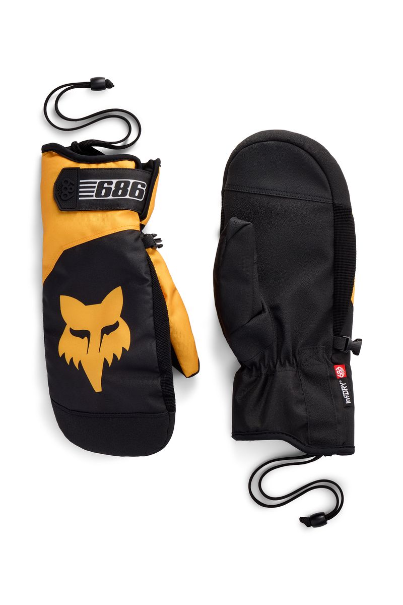 686 Primer mitts, orange/black with fox graphic and cinched wrist