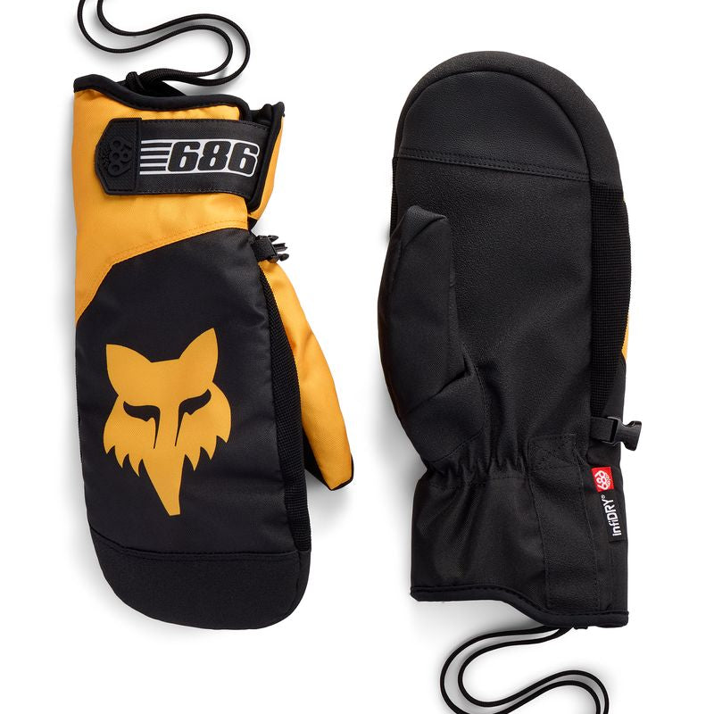 686 Primer mitts, orange/black with fox graphic and cinched wrist