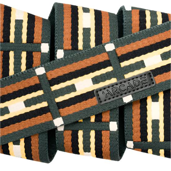 Arcade Vernan Kee Keyah Belt 2025 - A black belt with a repeating pattern of tan, white, and dark green stripes.
