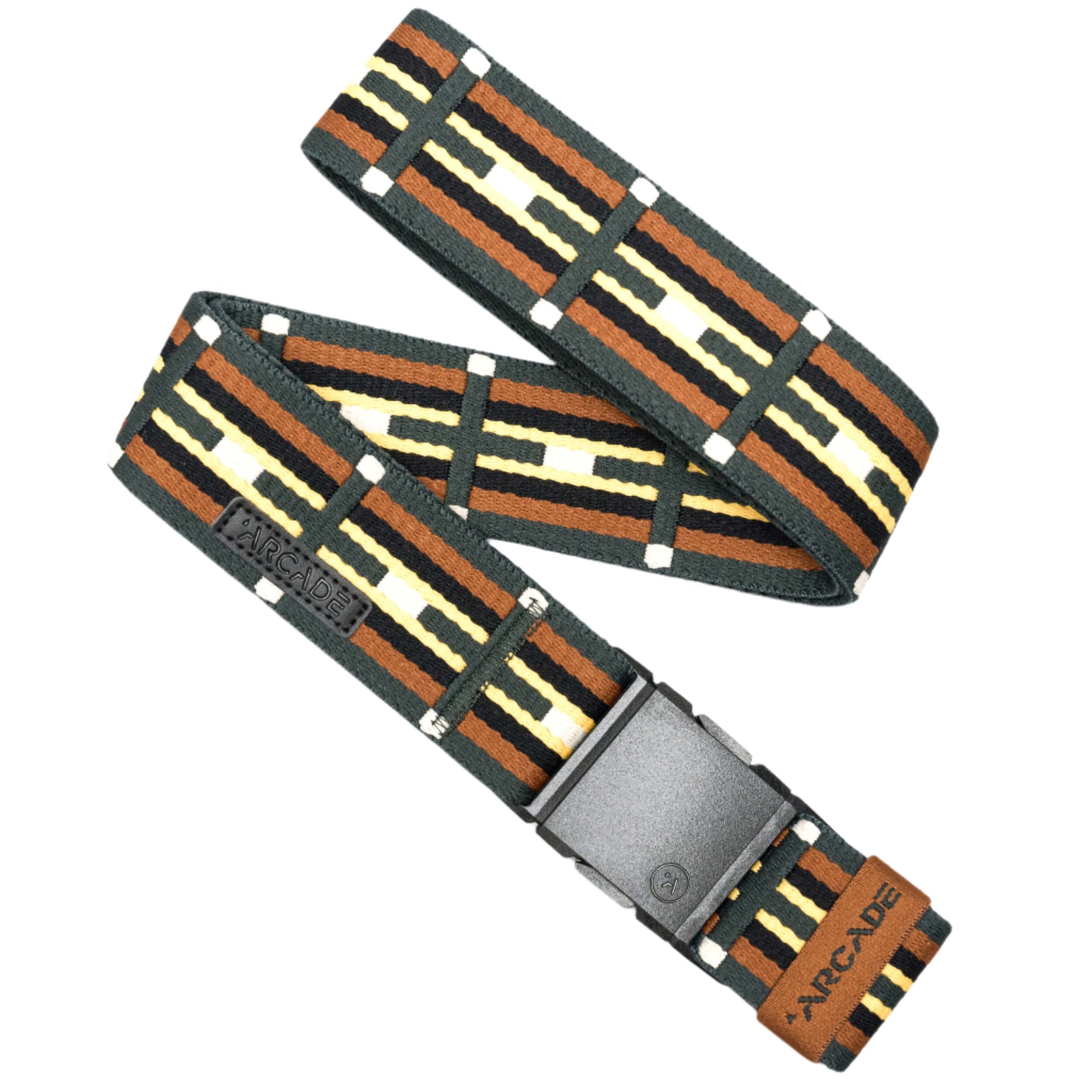 Arcade Vernan Kee Keyah Belt 2025 - A brown belt with a repeating pattern of tan, white, and black stripes.