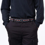 Arcade Vernon Kee Keyah Slim Belt 2025 - Black belt with red, yellow, and gray geometric patterned stripe.
