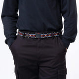 Arcade Vernon Kee Keyah Slim Belt 2025 - Black belt with red, yellow, and gray geometric patterned stripe.