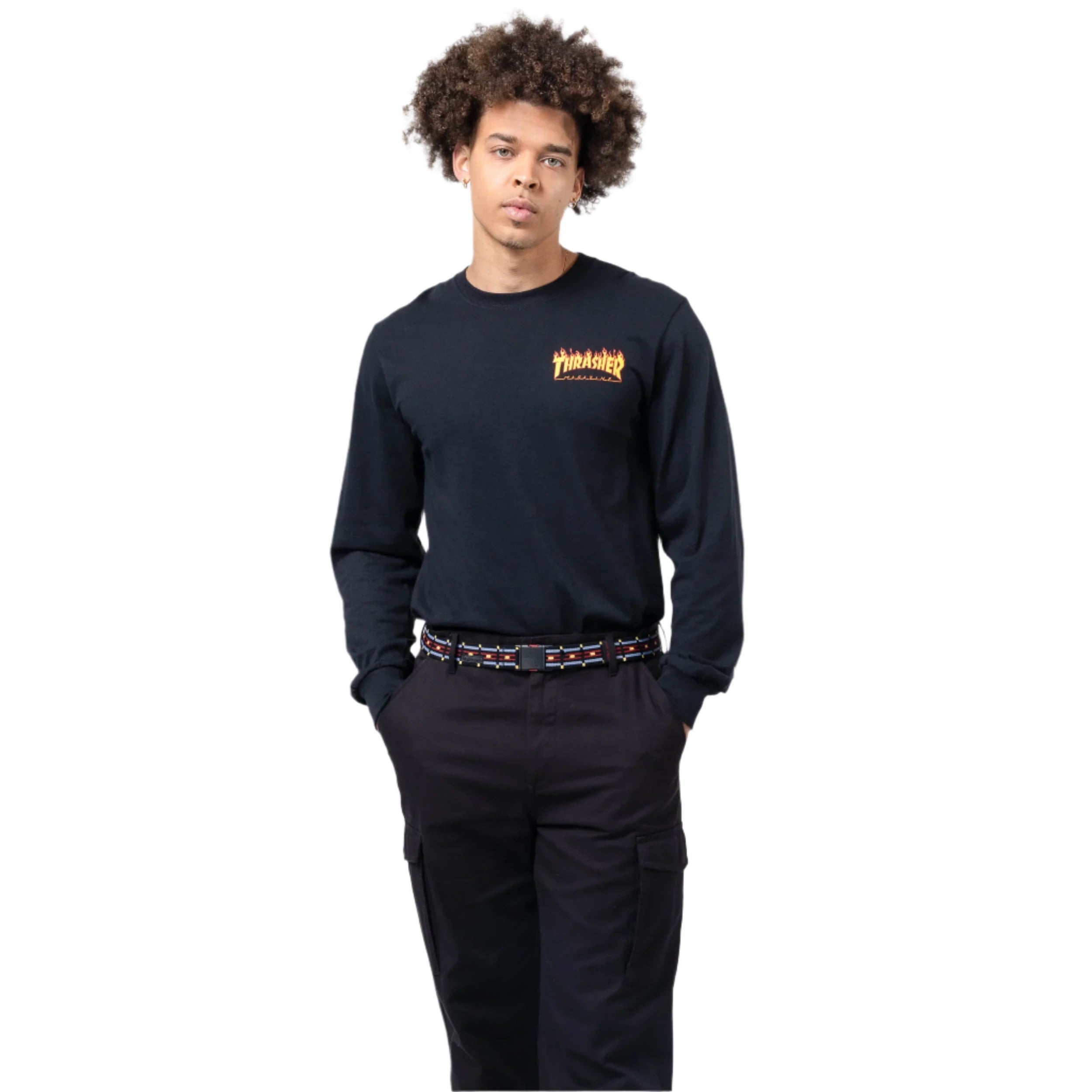 Arcade Vernon Kee Keyah Slim Belt 2025 - A black belt with a silver-tone buckle and red stitching.