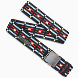 Arcade Vernon Kee Keyah Slim Belt 2025 - Black belt with red, yellow, and blue stripes on a black background.