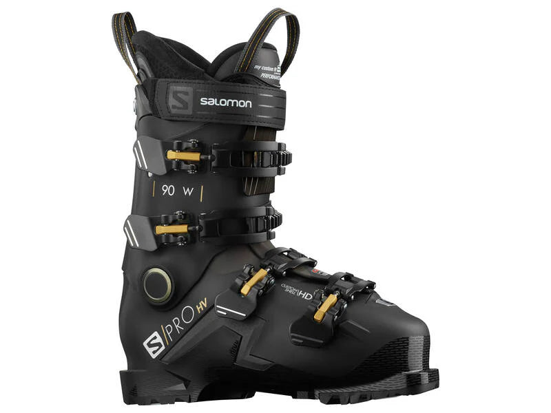 Salomon Women's S Pro HV 90 Ski Boots 2022 - Black ski boots with white lettering and yellow buckles.
