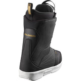 Salomon Women's Pearl BOA Snowboard Boots - A pair of black snowboard boots with gold lettering and a white sole.