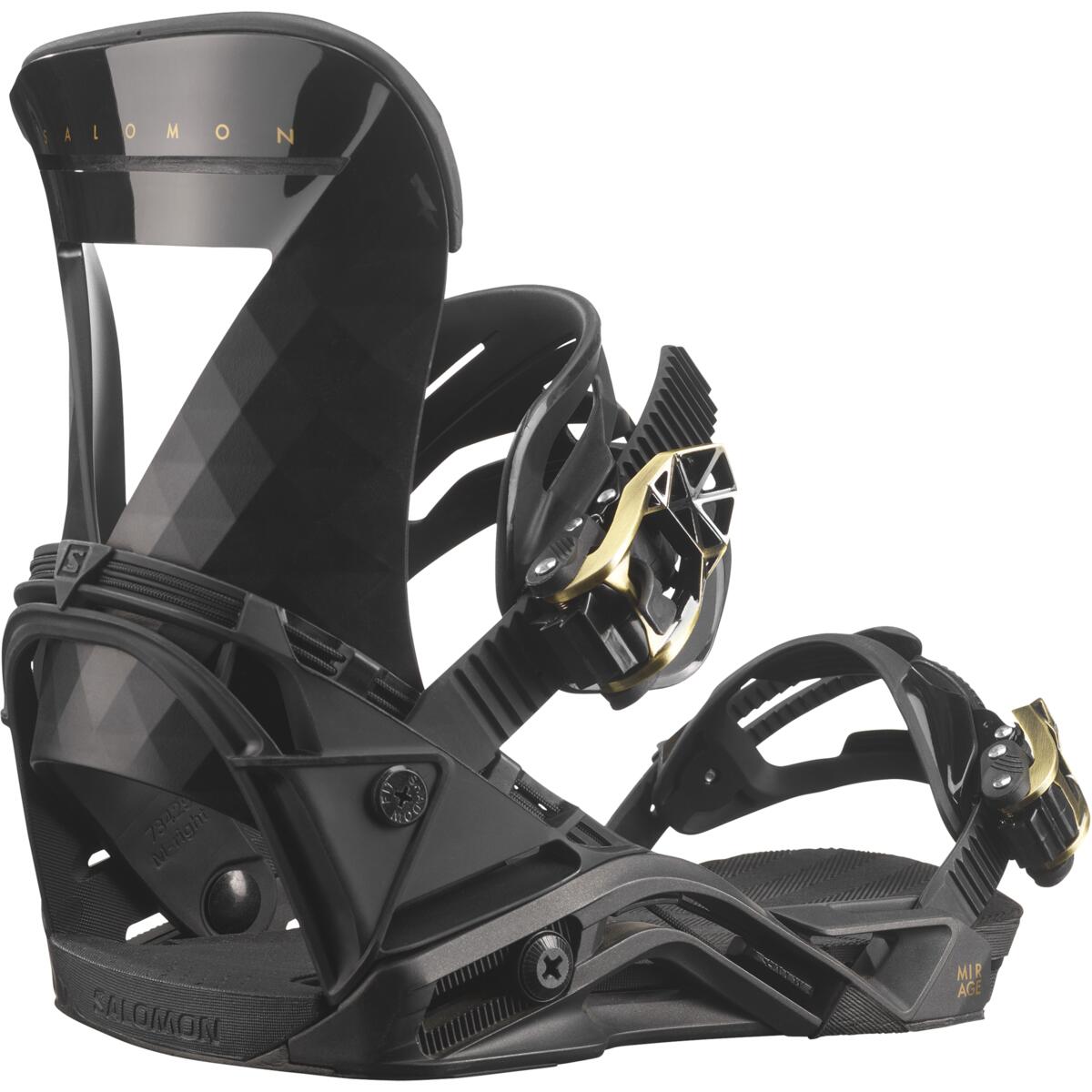 Salomon Women's Mirage Snowboard Bindings - Black bindings with gold accents on buckles and straps.