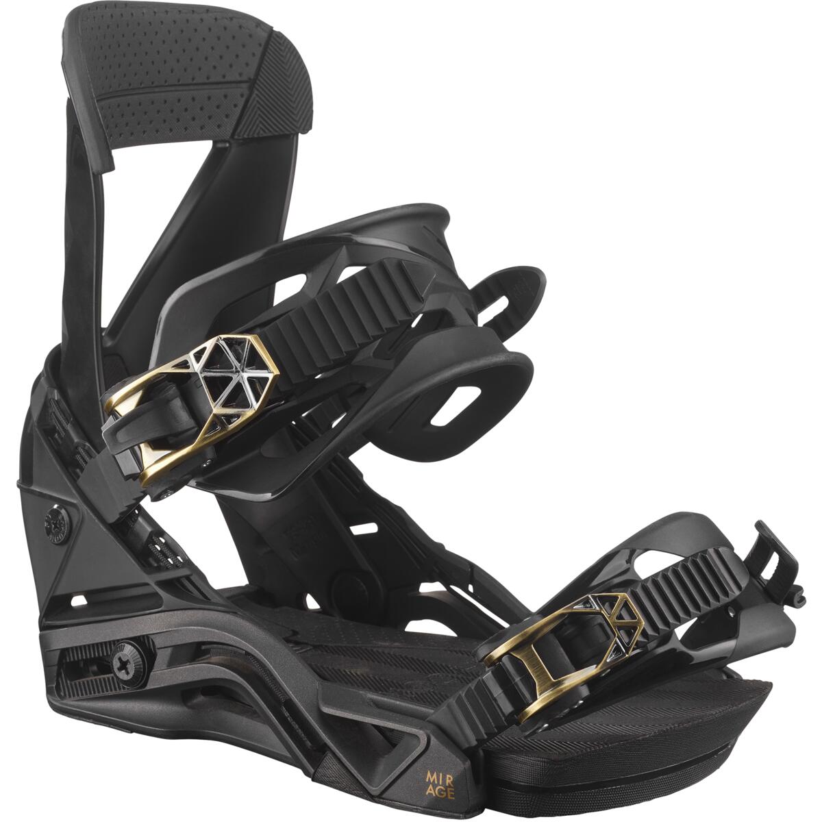 Salomon Women's Mirage Snowboard Bindings - A pair of black snowboard bindings with gold and silver hardware, featuring a geometric pattern on the buckles.