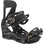 Salomon Women's Mirage Snowboard Bindings - A pair of black snowboard bindings with gold and silver hardware, featuring a geometric pattern on the buckles.