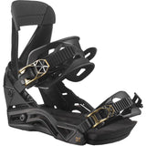 Salomon Women's Mirage Snowboard Bindings - A pair of black snowboard bindings with gold and silver hardware, featuring a geometric pattern on the buckles.