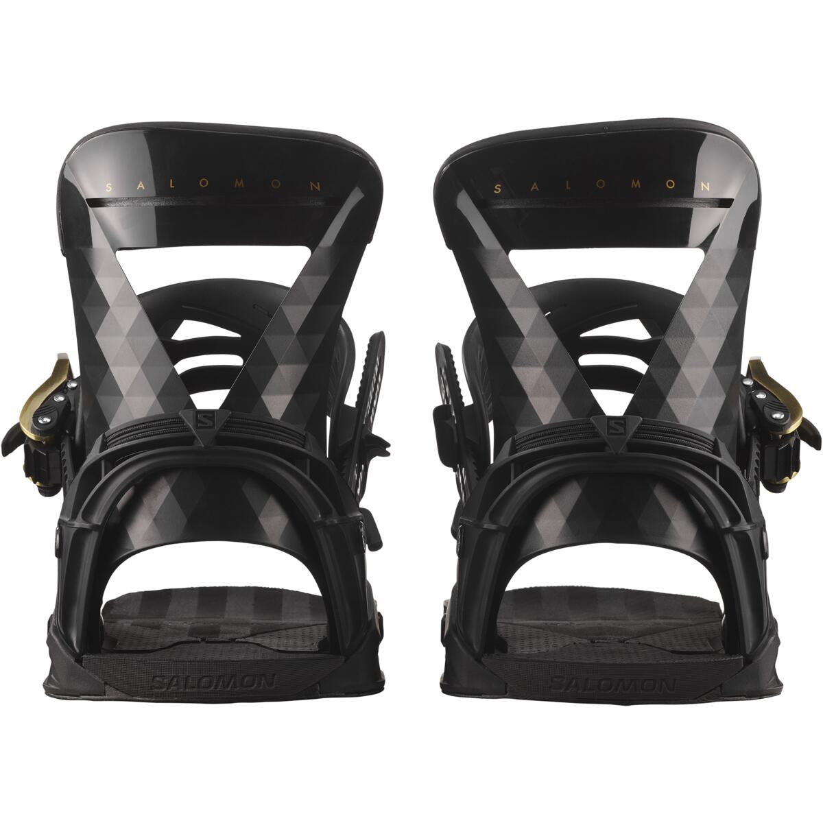 Salomon Women's Mirage Snowboard Bindings 2025 - Black bindings with gold buckles and a geometric pattern on the straps.