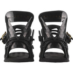 Salomon Women's Mirage Snowboard Bindings 2025 - Black bindings with gold buckles and a geometric pattern on the straps.