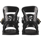 Salomon Women's Mirage Snowboard Bindings 2025 - Black bindings with gold buckles and a geometric pattern on the straps.