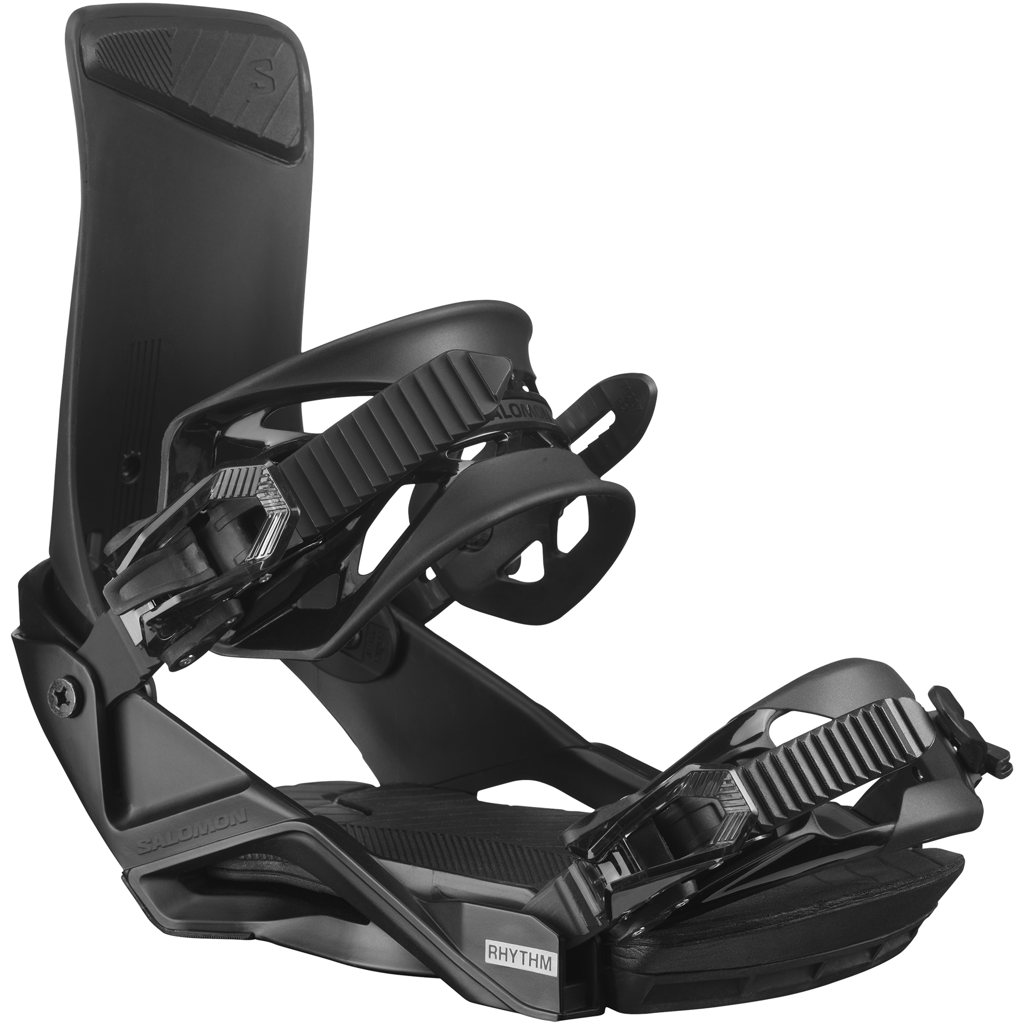 Salomon Rhythm Snowboard Bindings - Black bindings with a sleek, modern design and silver buckles.