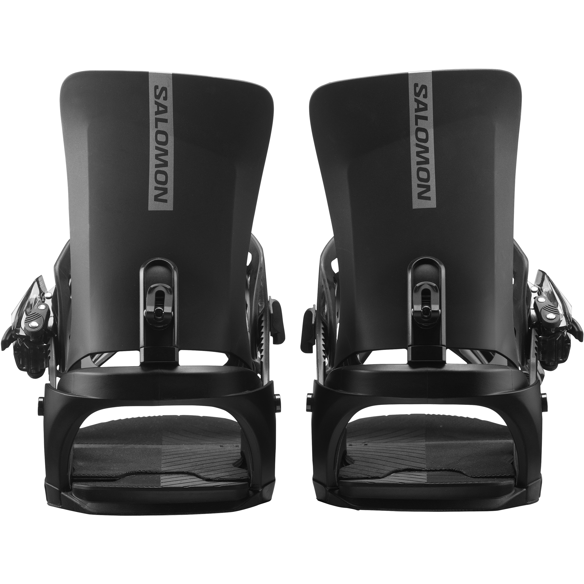 Salomon Rhythm Snowboard Bindings - Black bindings with silver buckles and straps on a white background.