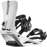 Salomon Rhythm Snowboard Bindings 2025 - A pair of white snowboard bindings with black buckles and straps, featuring a sleek design with a prominent "Rhythm" logo on the high-top strap.