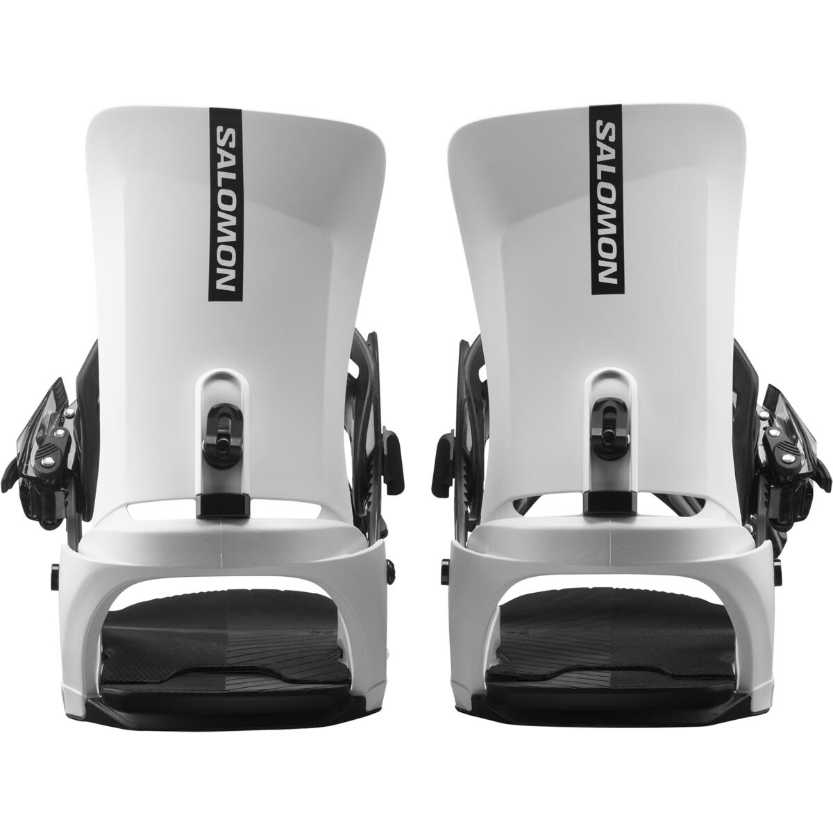 Salomon Rhythm Snowboard Bindings 2025 - A pair of white snowboard bindings with black buckles and straps, featuring a sleek design with a prominent "SALOMON" logo on top.