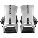 Salomon Rhythm Snowboard Bindings 2025 - A pair of white snowboard bindings with black buckles and straps, featuring a sleek design with a prominent "SALOMON" logo on top.
