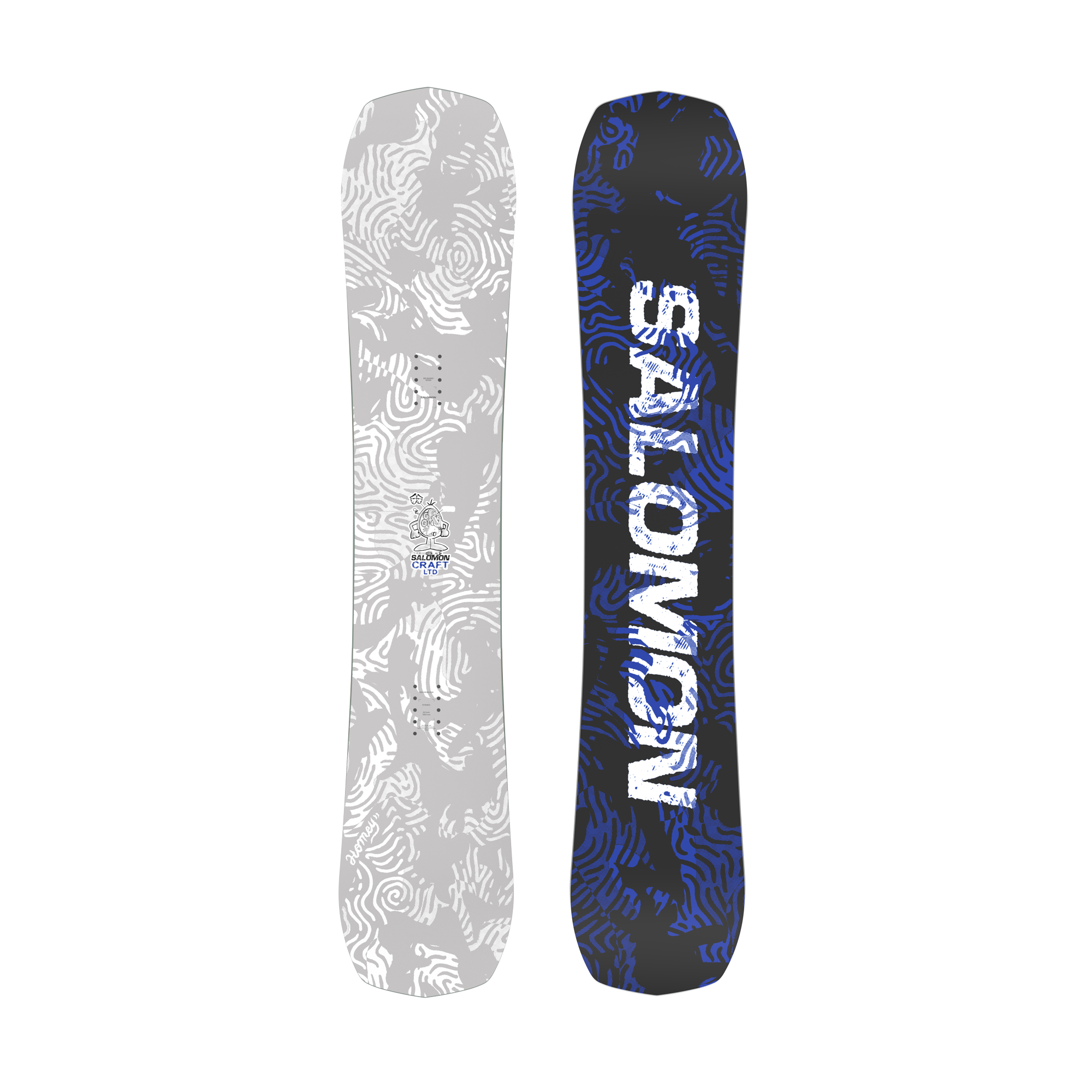 Two snowboards with wavy graphic tops, one white/gray and one blue with lettering